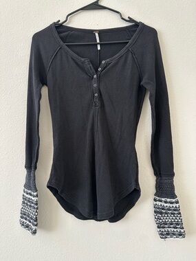 Free People Black Waffle Henley with Patterned Cuffs